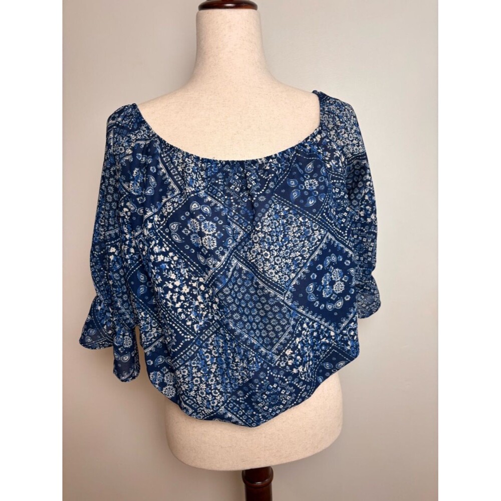EVERLY Blue Off Shoulder Cropped 3/4 Sleeve Patchwork style semi sheer blouse L